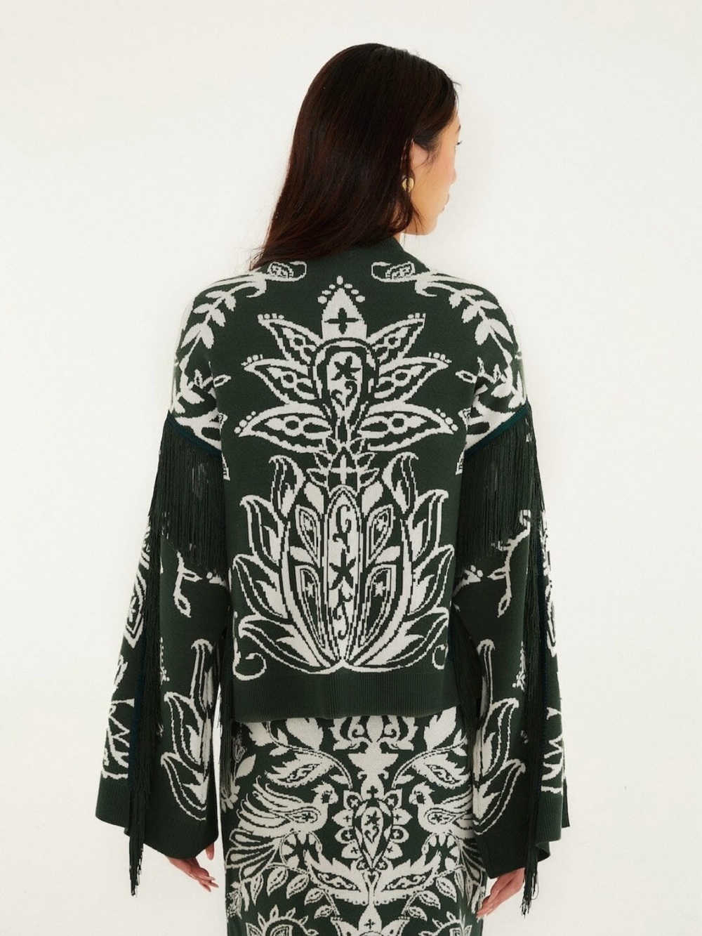 NWT Farn Rio Miranda Dark Green and White Fringe Knit Sweater size S. - Picture 4 of 11